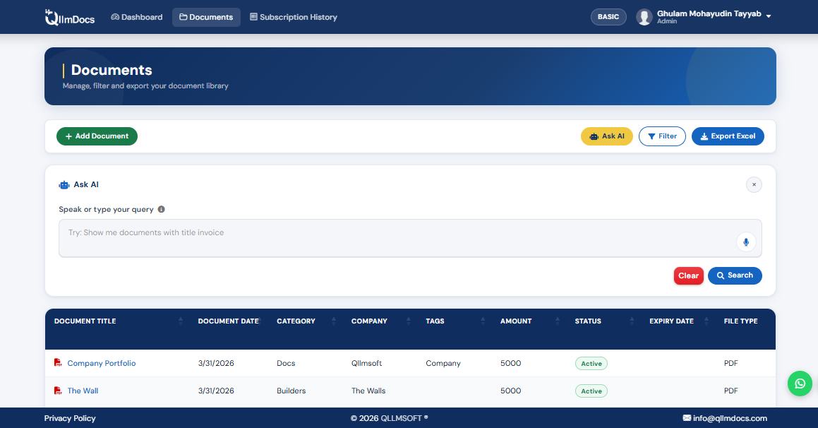 QllmDocs AI search feature
