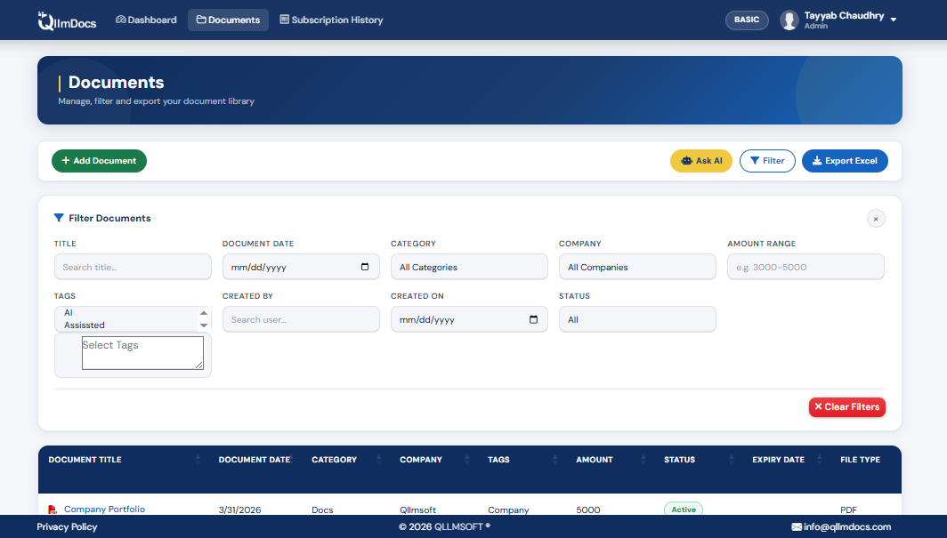 QllmDocs advanced filtering